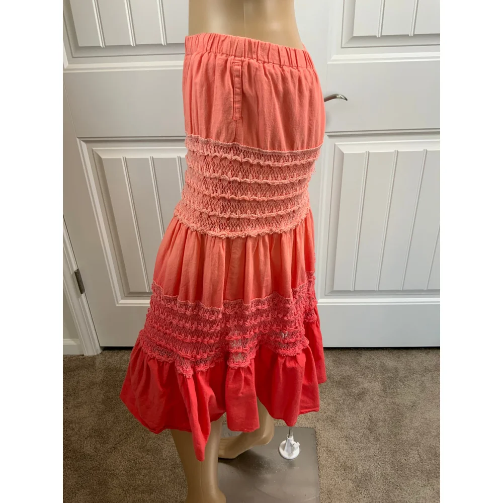 Eyeshadow Women's Tiered Midi Skirt Med Coral Elastic Waistband Boho Cottagecore